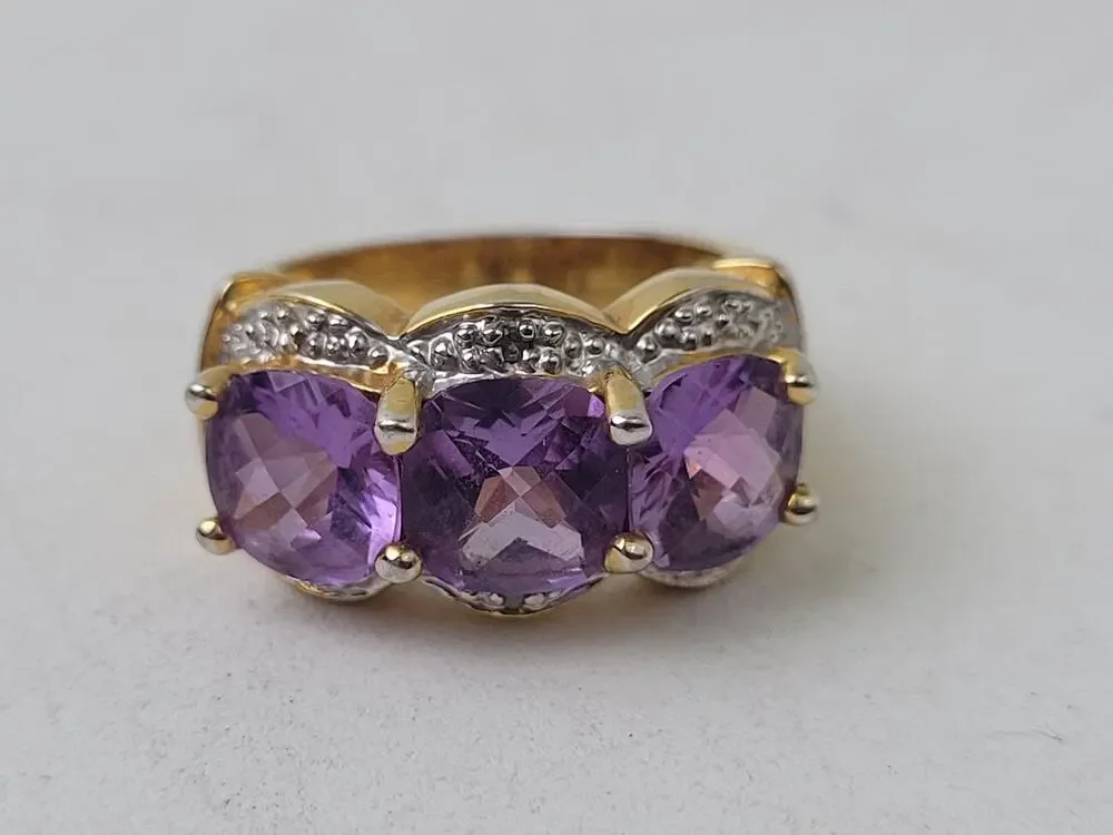 925 Sterling Silver 3-Stone Amethyst Cocktail Statement Ring Sz 4.75